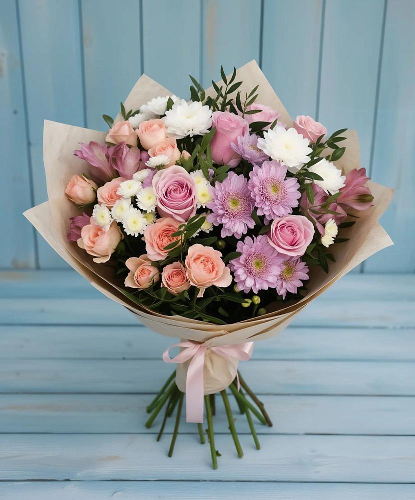 Букет цветов из: Хризантемы, Розы и Альстромерии в Нарышкино