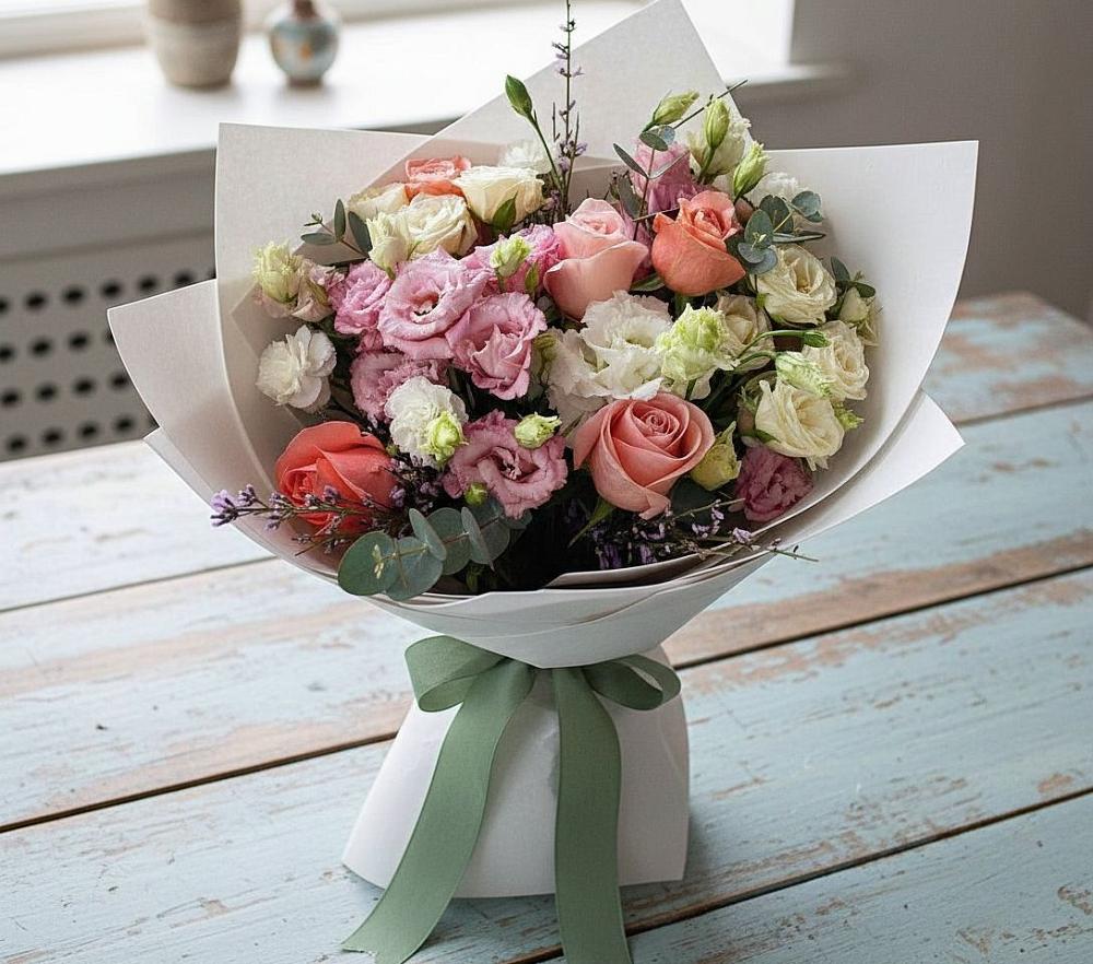 Букет цветов из: Розы, Лизиантусы и Гвоздики в Нарышкино