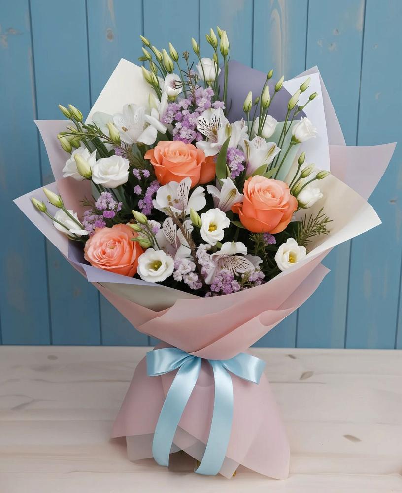 Букет цветов из: Лизиантусы, Розы, Альстромерии и Гипсофила в Нарышкино