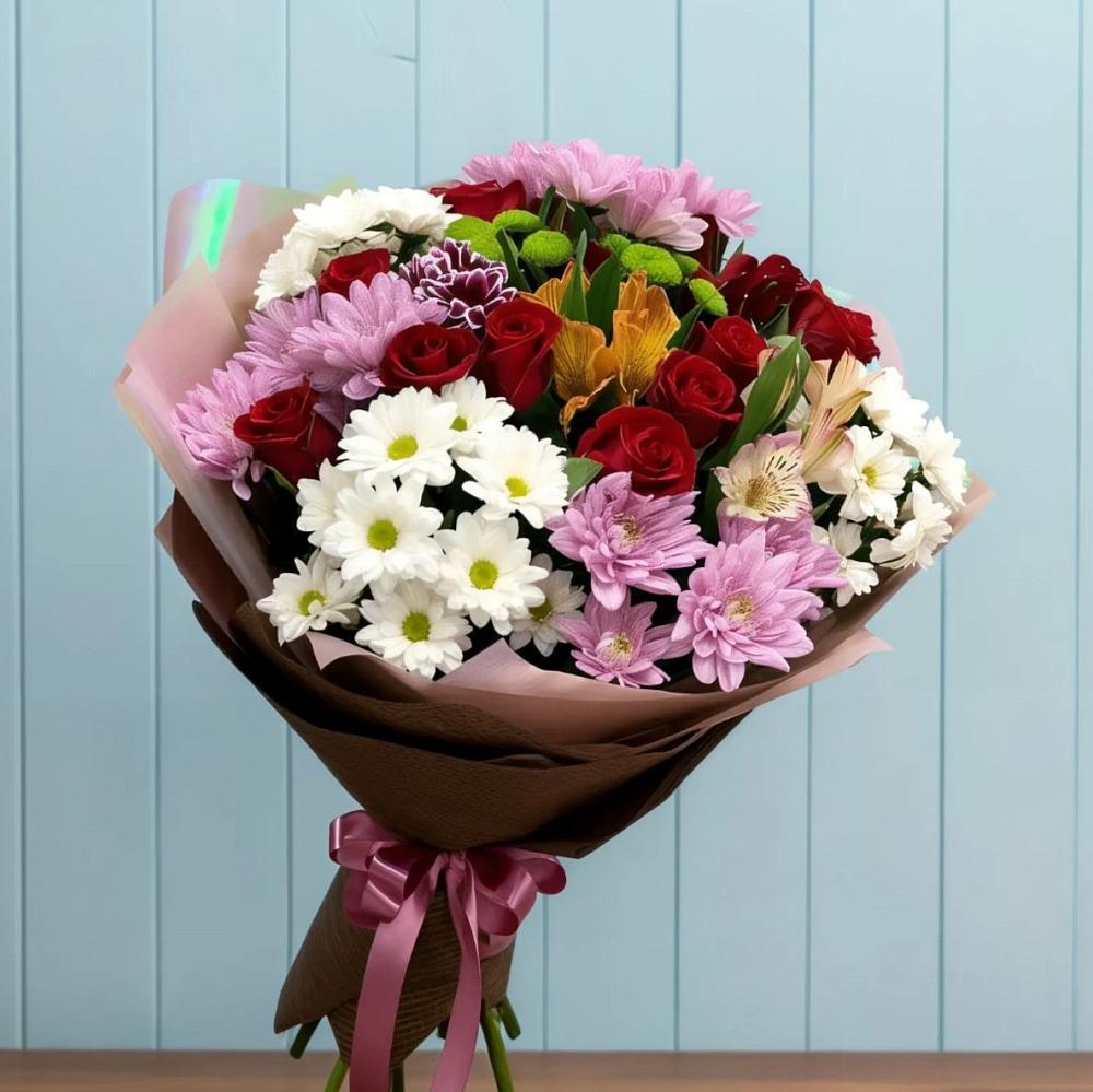 Букет цветов из: Розы, Хризантемы и Альстромерии в Нарышкино